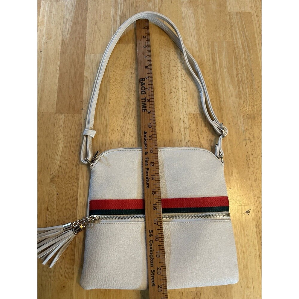 Cream Crossbody Purse Red Green Stripe Tassel Leopard Lining Retro Chic - Picture 8 of 12